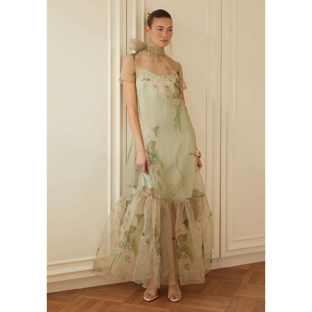 NWT CAARA Melody High Neck Organza Tie Neck Tiered Hem Dress - Size Medium